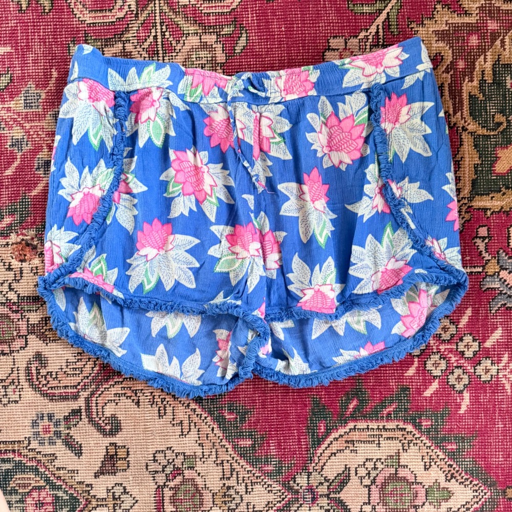 Chip & Pepper Hot Pants Shorts Women L Blue Floral Fringe Tropical Boho Summer
